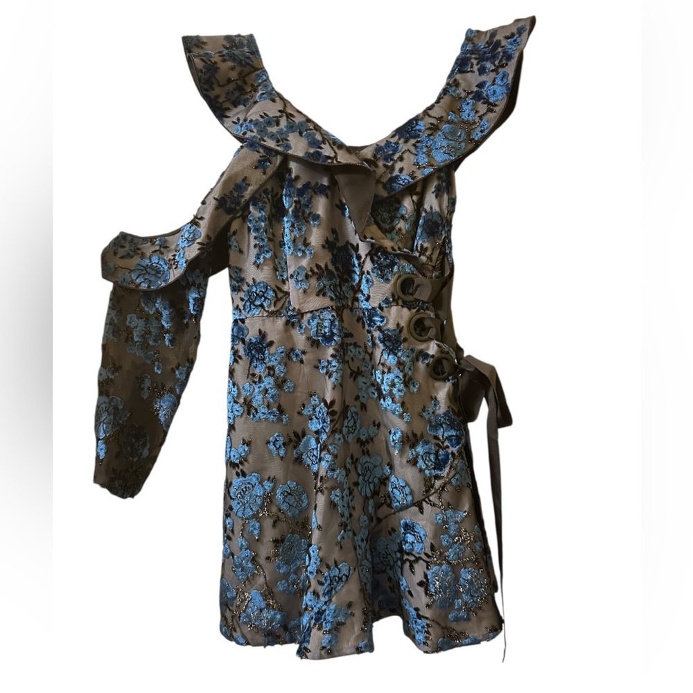 Self-Portrait Blue and Gray Floral Cold-Shoulder Mini Dress size 8
